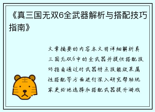 《真三国无双6全武器解析与搭配技巧指南》