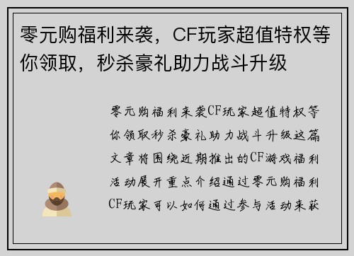 零元购福利来袭，CF玩家超值特权等你领取，秒杀豪礼助力战斗升级