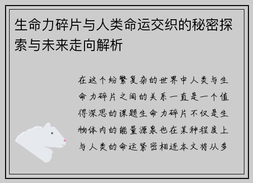 生命力碎片与人类命运交织的秘密探索与未来走向解析